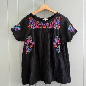 See and Be Seen Embroidered Floral Black Cotton Gauze Blouse‎ Top Size S